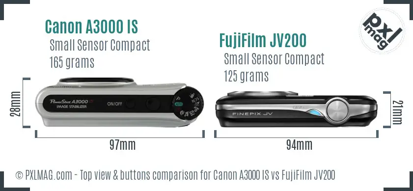 Canon A3000 IS vs FujiFilm JV200 top view buttons comparison Canon A3000 IS vs FujiFilm JV200 top view buttons comparison