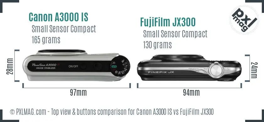Canon A3000 IS vs FujiFilm JX300 top view buttons comparison