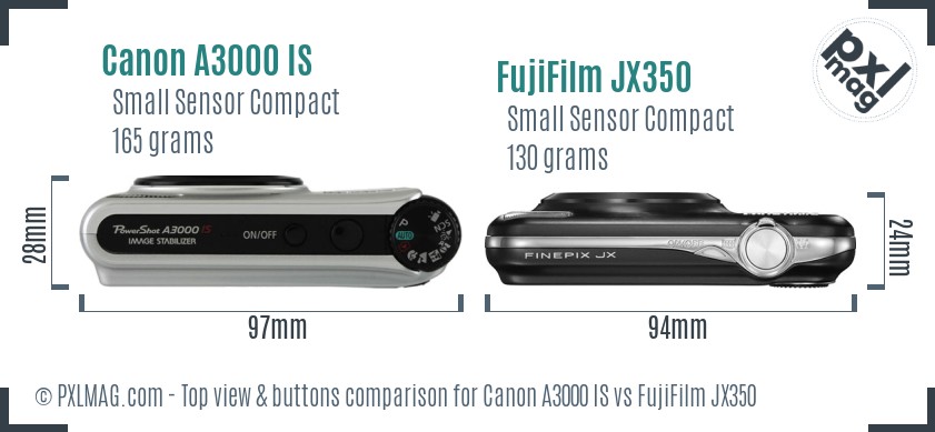 Canon A3000 IS vs FujiFilm JX350 top view buttons comparison
