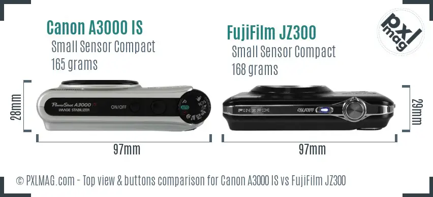 Canon A3000 IS vs FujiFilm JZ300 top view buttons comparison