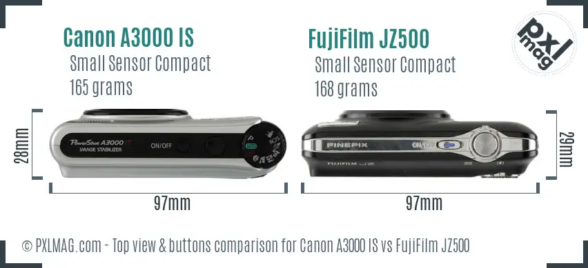 Canon A3000 IS vs FujiFilm JZ500 top view buttons comparison