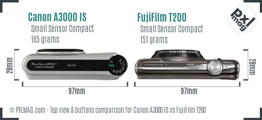 Canon A3000 IS vs FujiFilm T200 top view buttons comparison