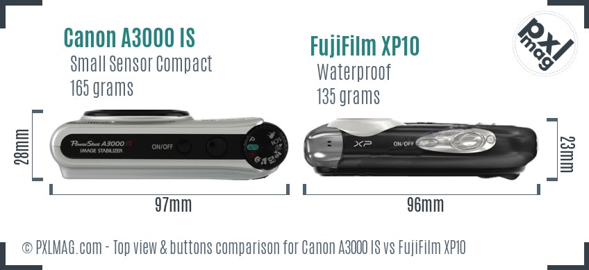Canon A3000 IS vs FujiFilm XP10 top view buttons comparison