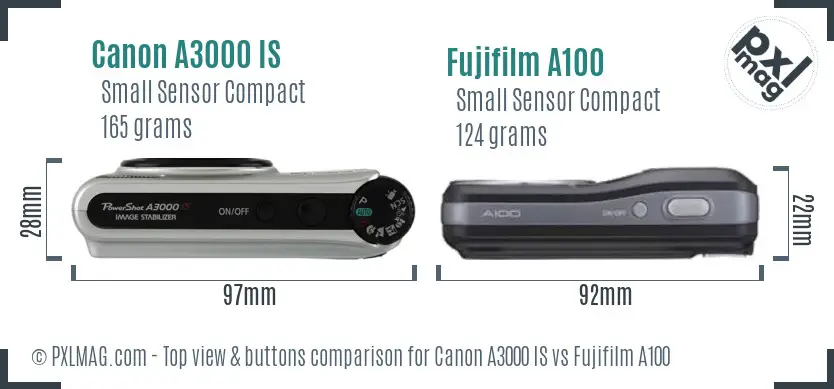 Canon A3000 IS vs Fujifilm A100 top view buttons comparison Canon A3000 IS vs Fujifilm A100 top view buttons comparison