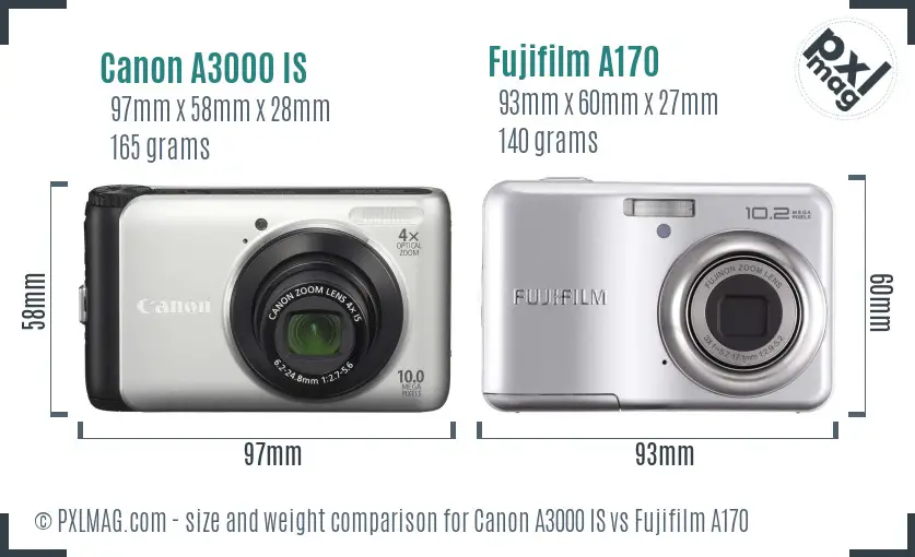 Canon A3000 IS vs Fujifilm A170 size comparison