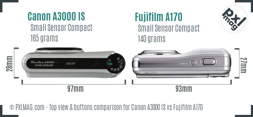 Canon A3000 IS vs Fujifilm A170 top view buttons comparison