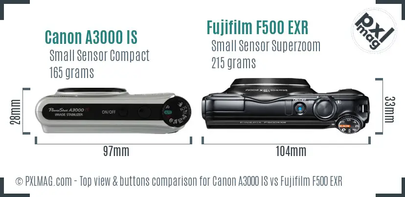 Canon A3000 IS vs Fujifilm F500 EXR top view buttons comparison