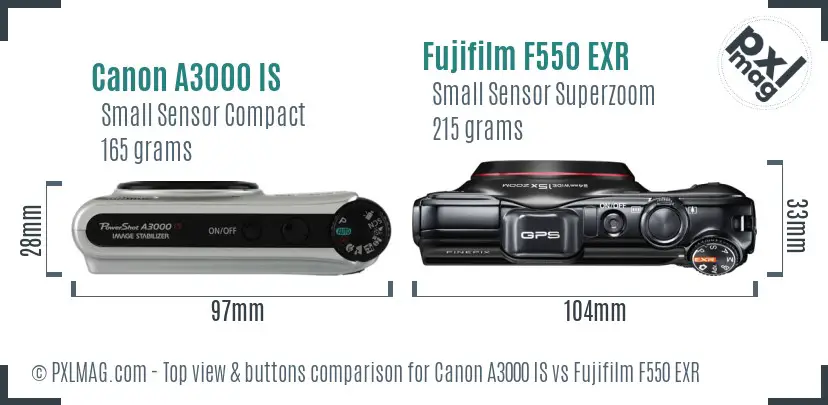 Canon A3000 IS vs Fujifilm F550 EXR top view buttons comparison