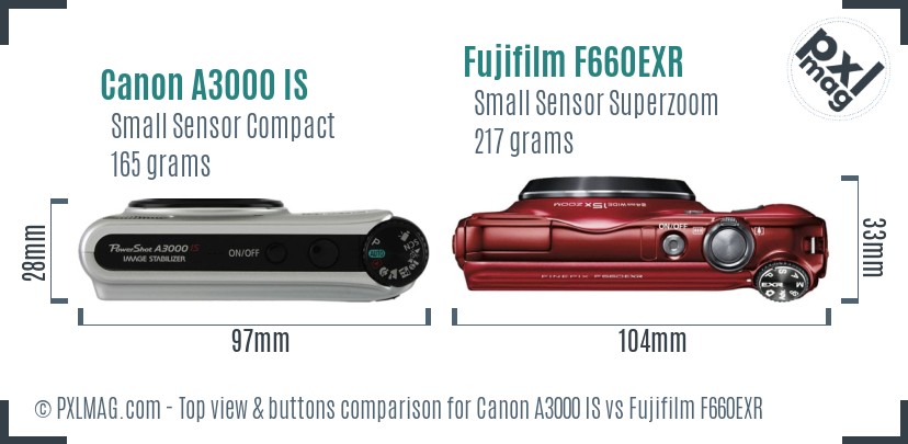 Canon A3000 IS vs Fujifilm F660EXR top view buttons comparison