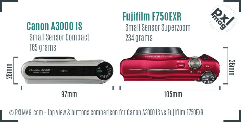 Canon A3000 IS vs Fujifilm F750EXR top view buttons comparison