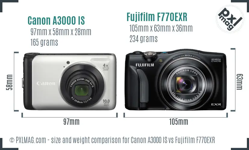 Canon A3000 IS vs Fujifilm F770EXR size comparison