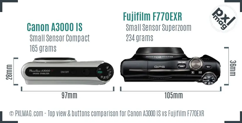 Canon A3000 IS vs Fujifilm F770EXR top view buttons comparison