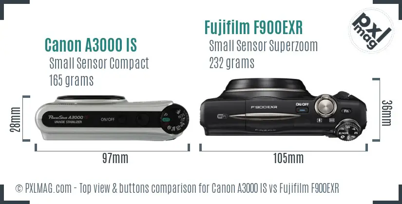 Canon A3000 IS vs Fujifilm F900EXR top view buttons comparison Canon A3000 IS vs Fujifilm F900EXR top view buttons comparison