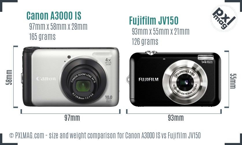 Canon A3000 IS vs Fujifilm JV150 size comparison