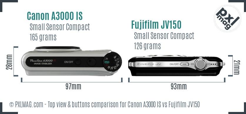 Canon A3000 IS vs Fujifilm JV150 top view buttons comparison