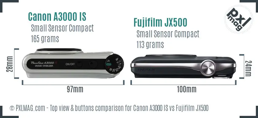 Canon A3000 IS vs Fujifilm JX500 top view buttons comparison