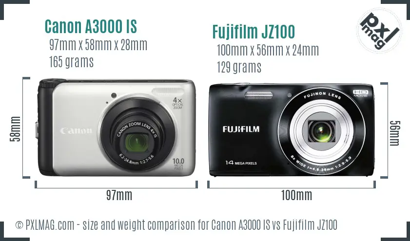 Canon A3000 IS vs Fujifilm JZ100 size comparison Canon A3000 IS vs Fujifilm JZ100 size comparison
