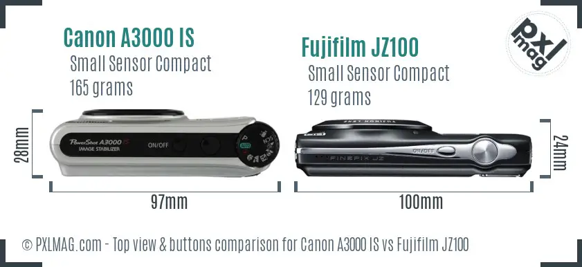 Canon A3000 IS vs Fujifilm JZ100 top view buttons comparison Canon A3000 IS vs Fujifilm JZ100 top view buttons comparison