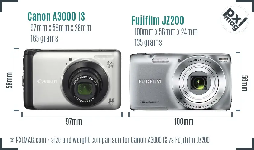 Canon A3000 IS vs Fujifilm JZ200 size comparison