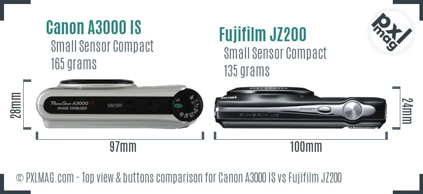 Canon A3000 IS vs Fujifilm JZ200 top view buttons comparison