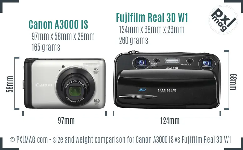 Canon A3000 IS vs Fujifilm Real 3D W1 size comparison