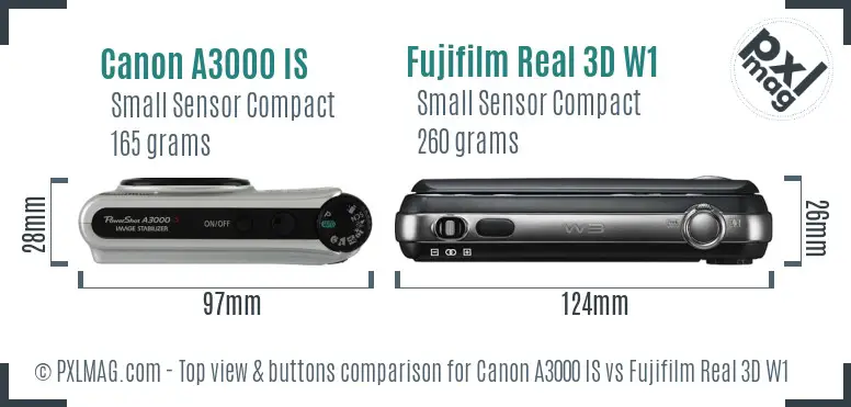 Canon A3000 IS vs Fujifilm Real 3D W1 top view buttons comparison