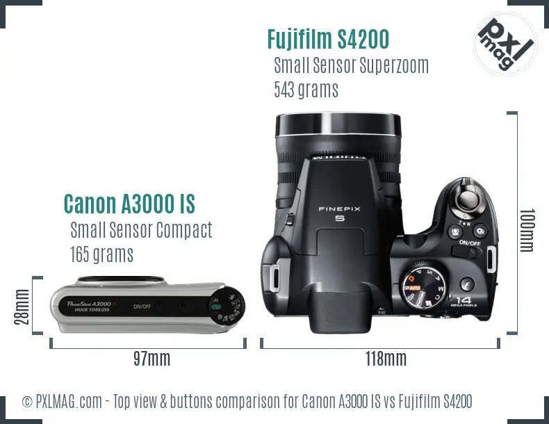 Canon A3000 IS vs Fujifilm S4200 top view buttons comparison