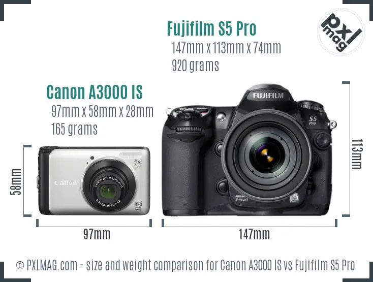 Canon A3000 IS vs Fujifilm S5 Pro size comparison