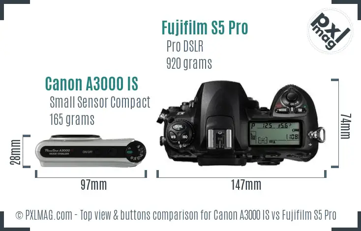 Canon A3000 IS vs Fujifilm S5 Pro top view buttons comparison