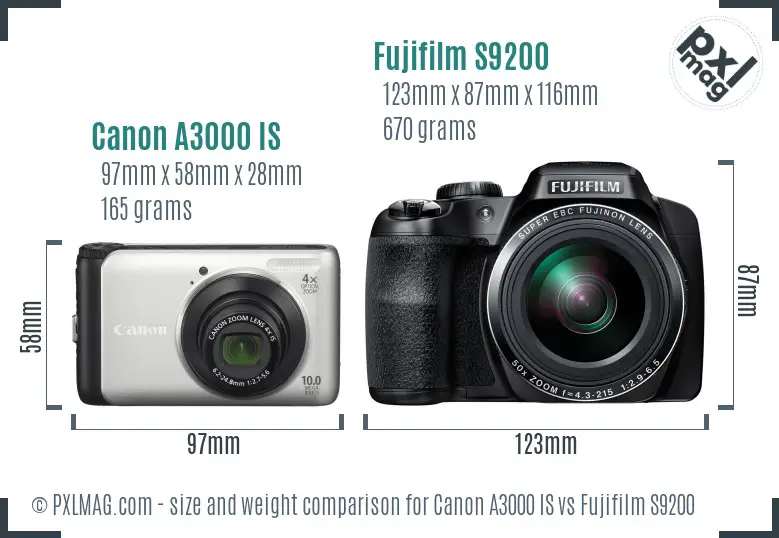 Canon A3000 IS vs Fujifilm S9200 size comparison