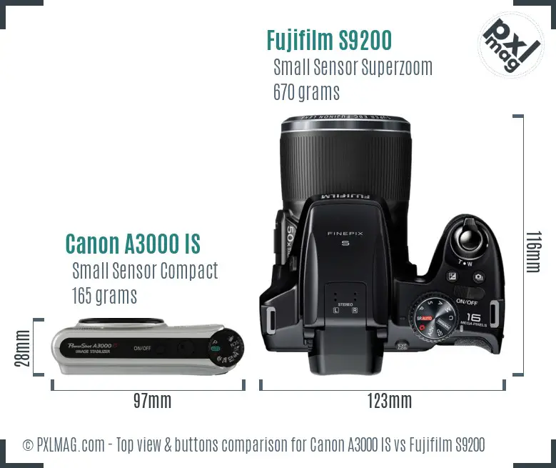 Canon A3000 IS vs Fujifilm S9200 top view buttons comparison