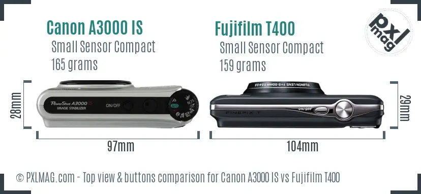 Canon A3000 IS vs Fujifilm T400 top view buttons comparison Canon A3000 IS vs Fujifilm T400 top view buttons comparison