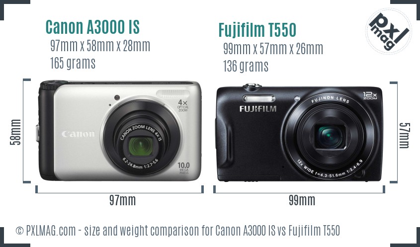 Canon A3000 IS vs Fujifilm T550 size comparison