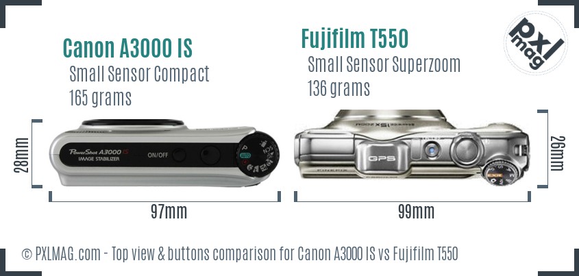 Canon A3000 IS vs Fujifilm T550 top view buttons comparison