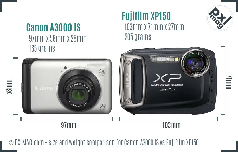 Canon A3000 IS vs Fujifilm XP150 size comparison