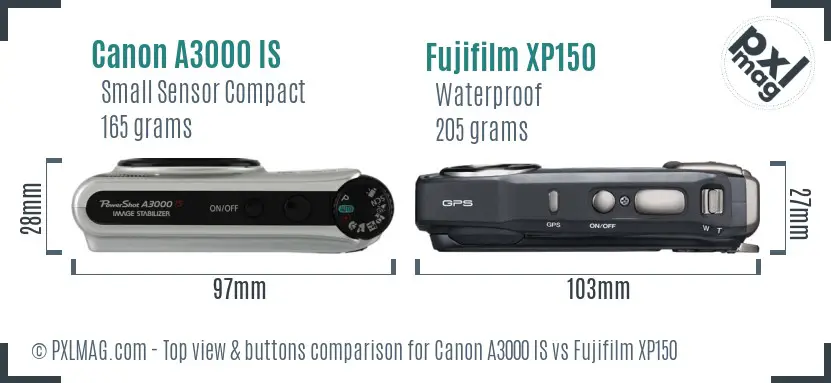 Canon A3000 IS vs Fujifilm XP150 top view buttons comparison