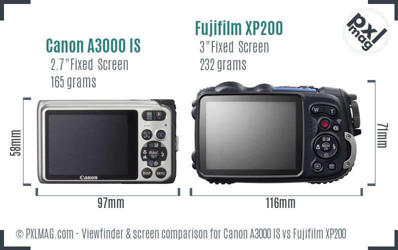 Canon A3000 IS vs Fujifilm XP200 Screen and Viewfinder comparison