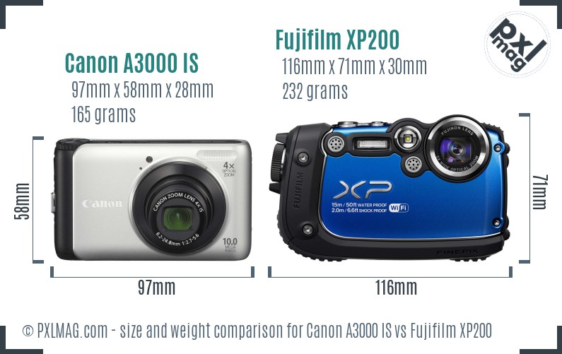 Canon A3000 IS vs Fujifilm XP200 size comparison