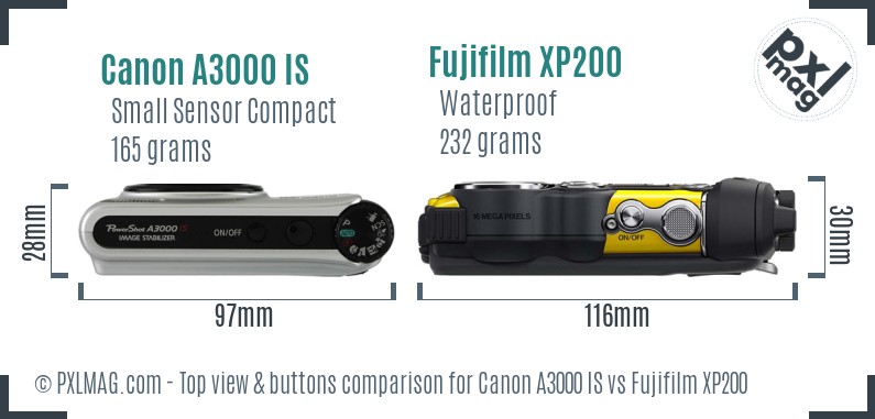 Canon A3000 IS vs Fujifilm XP200 top view buttons comparison