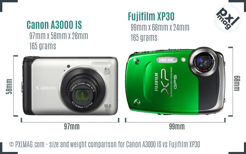 Canon A3000 IS vs Fujifilm XP30 size comparison