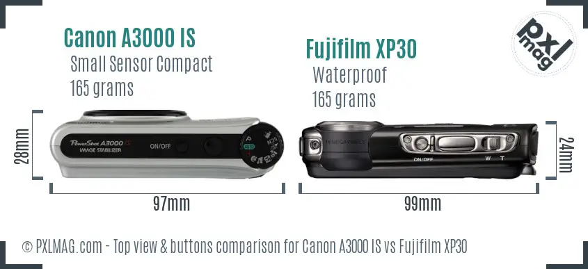 Canon A3000 IS vs Fujifilm XP30 top view buttons comparison