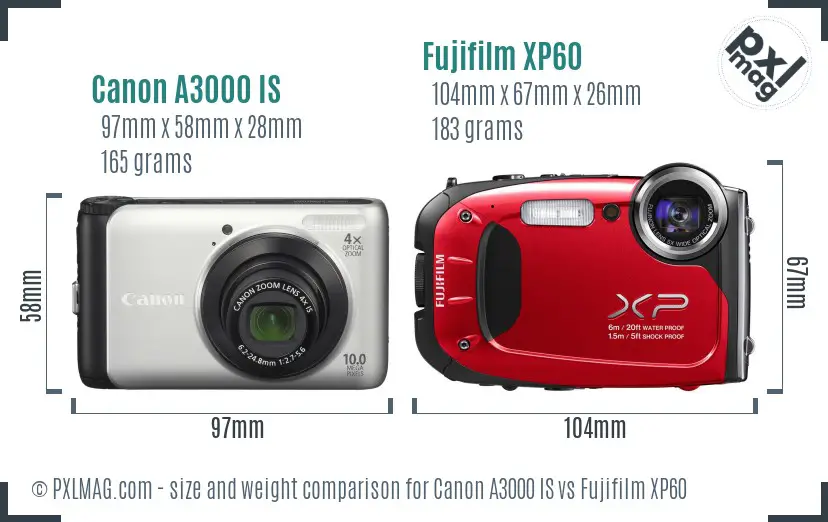 Canon A3000 IS vs Fujifilm XP60 size comparison Canon A3000 IS vs Fujifilm XP60 size comparison