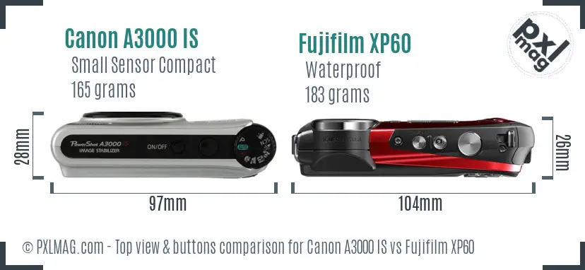 Canon A3000 IS vs Fujifilm XP60 top view buttons comparison