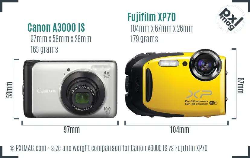 Canon A3000 IS vs Fujifilm XP70 size comparison