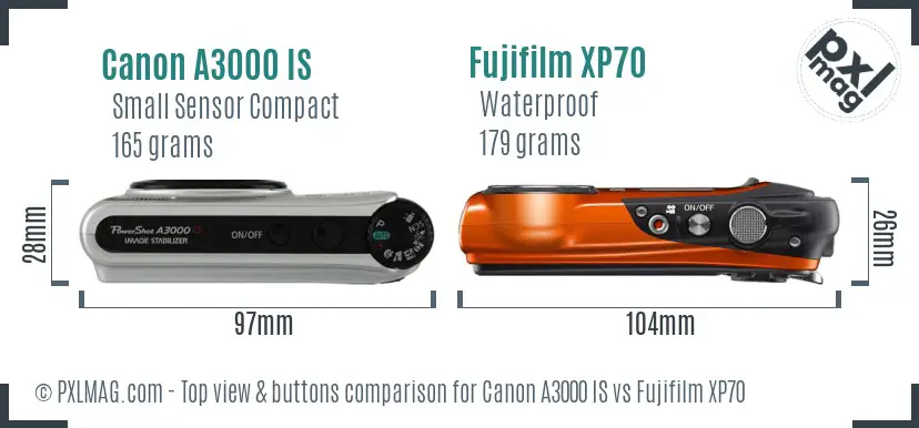 Canon A3000 IS vs Fujifilm XP70 top view buttons comparison