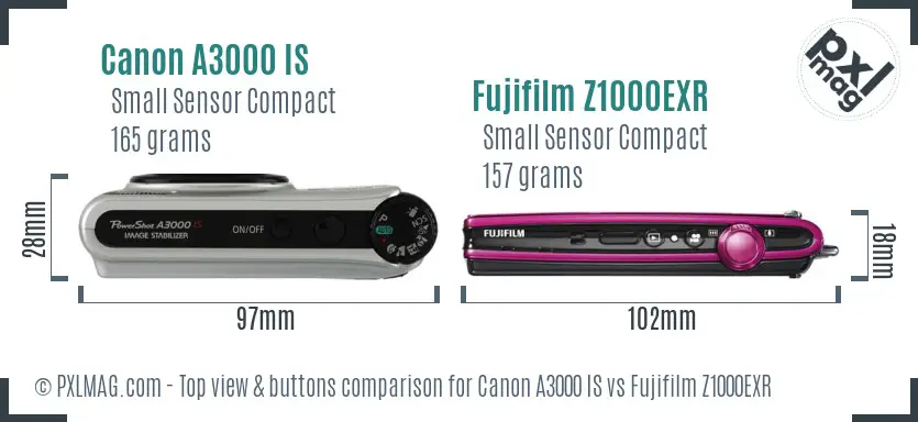 Canon A3000 IS vs Fujifilm Z1000EXR top view buttons comparison Canon A3000 IS vs Fujifilm Z1000EXR top view buttons comparison