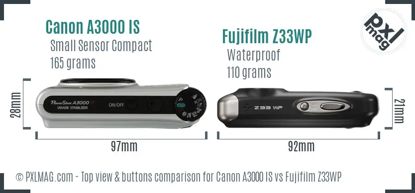 Canon A3000 IS vs Fujifilm Z33WP top view buttons comparison