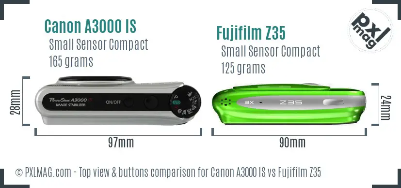 Canon A3000 IS vs Fujifilm Z35 top view buttons comparison