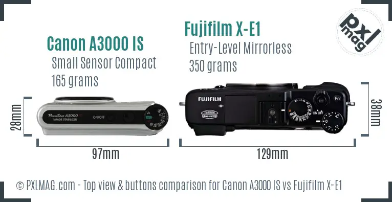 Canon A3000 IS vs Fujifilm X-E1 top view buttons comparison