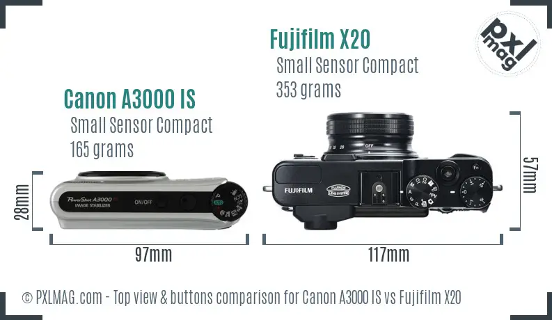 Canon A3000 IS vs Fujifilm X20 top view buttons comparison